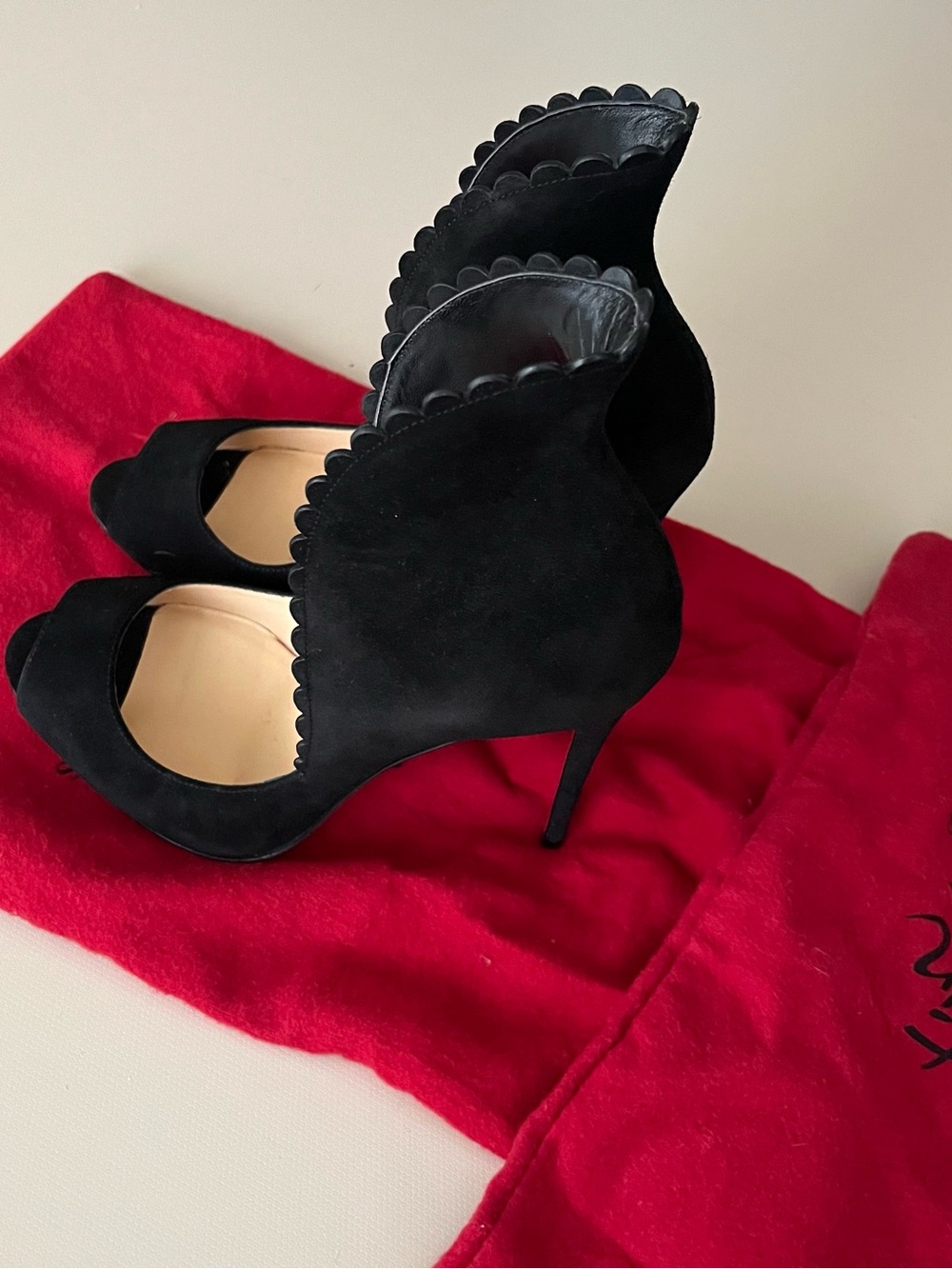 Christian Louboutin Black Scalloped Suede Peep-Toe Heels